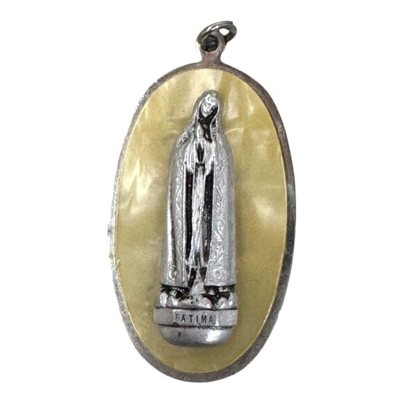 Vintage Fatima Devotional Medal Silver & Pearlescent Religious Pendant Germany - Picture 1 of 6